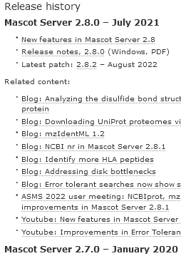 Screenshot of the Mascot Server release history page