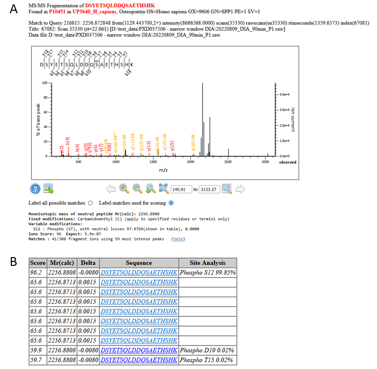 Figure 4: An example match and site localisation for DSYETSQLDDQSAETHSHK with S12 phosphorylated