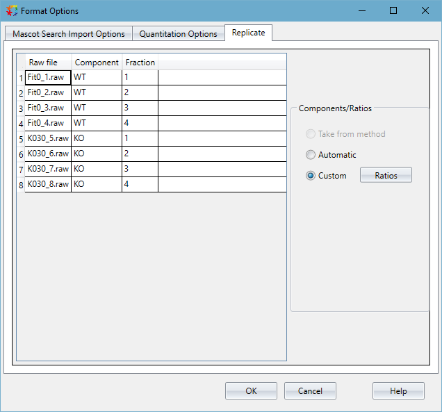 Figure 1: Interface for assigning raw files to components and fractions in Distiller 2.8.2