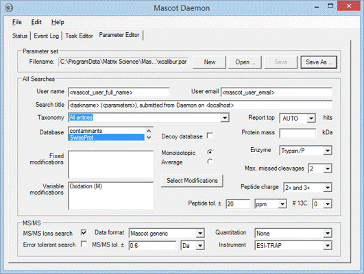Mascot Daemon parameter tab illustrating Thermo Xcalibur options