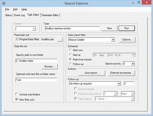 Mascot Daemon task tab illustrating Thermo Xcalibur options
