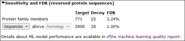 Screenshot of the link to the ML QC report in the Protein Family Summary report