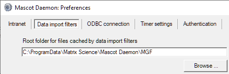 Screenshot of data import filter tab in Mascot Daemon