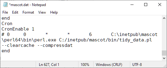 Screenshot of Notepad showing the cron section of mascot.dat